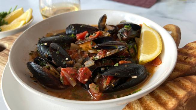 Mussels in a White Wine, Tomato, & Caper Sauce